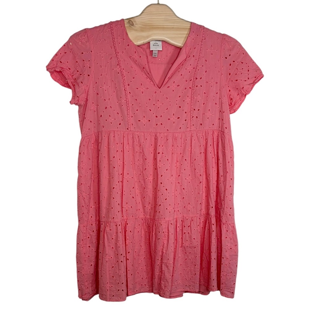 Knox Rose Dress XXL Pink Eyelet Tiered Babydoll V-Neck Short Sleeve Cotton Boho